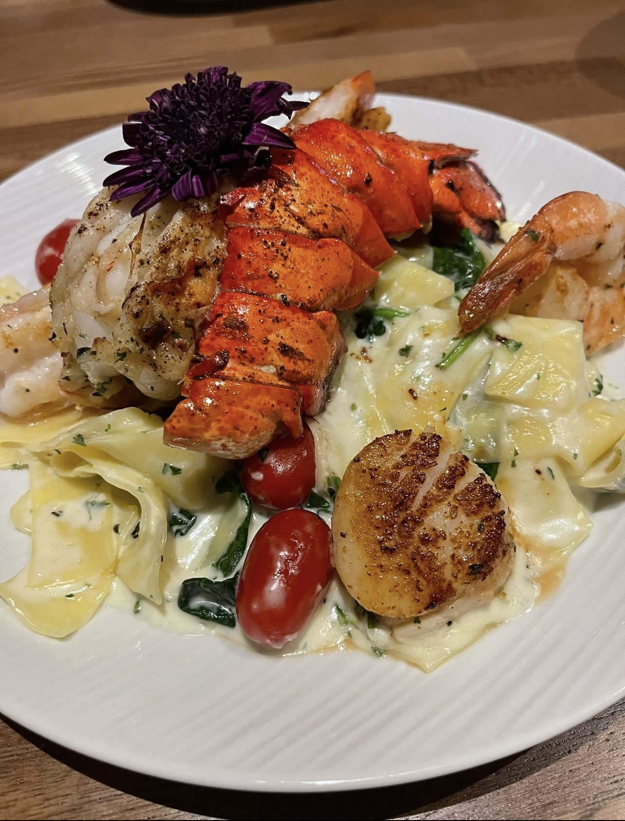 Seafood pasta with lobster, scallop, and shrimp